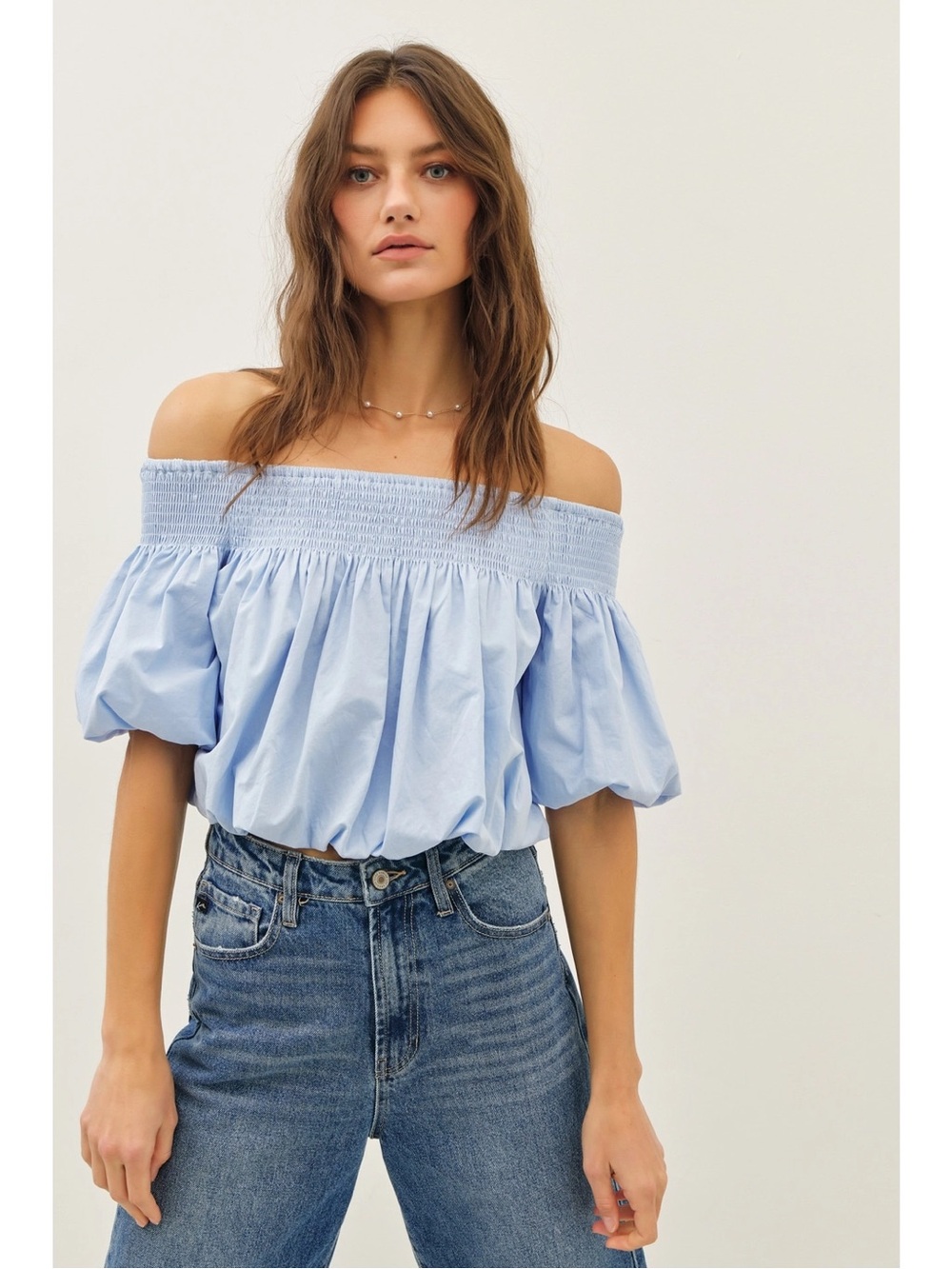 NWT Light Blue Off-Shoulder Smocked Puff Sleeve Top